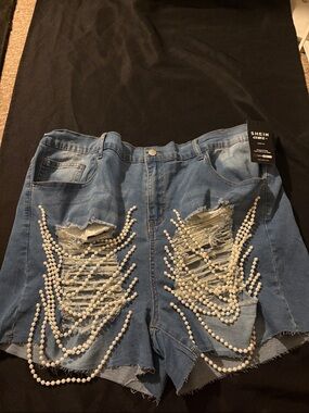 SHEIN Blue Denim Shorts with Pearl Fringe Embellishment